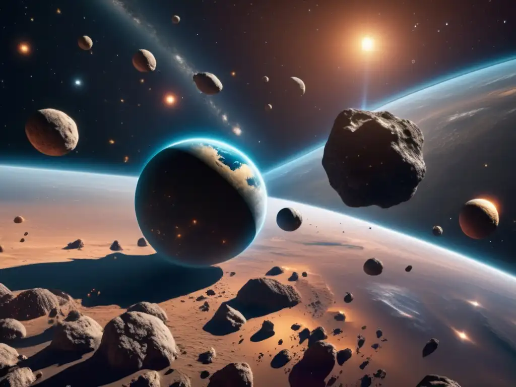 Vista detallada de la Tierra y trayectorias de asteroides: Importancia de la Luna