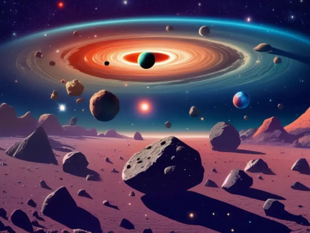 Vista fascinante de espacio con asteroides y galaxias