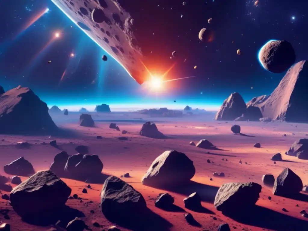 Vista impactante de campo asteroides en el espacio: colores vibrantes, formas y tamaños variados, cráteres visibles