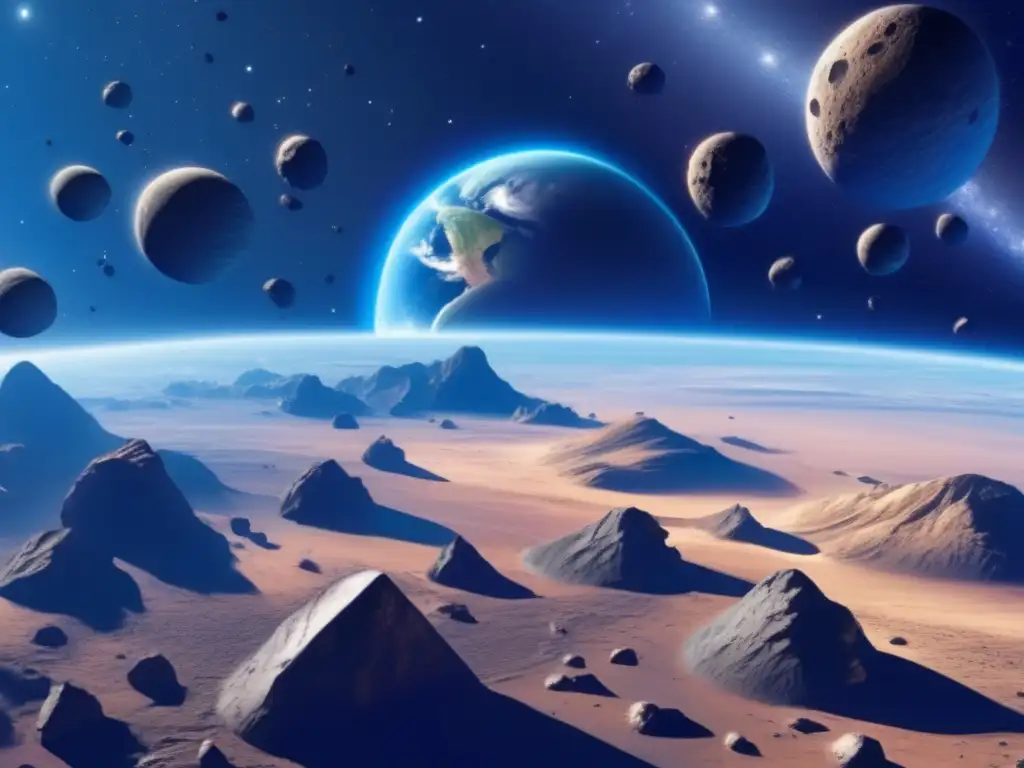 Vista impactante de la Tierra azul rodeada de asteroides, resaltando la conferencia sobre explotación de asteroides