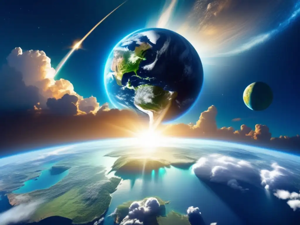 Vista impactante de la Tierra desde el espacio, mares azules y continentes verdes, asteroides amenazantes