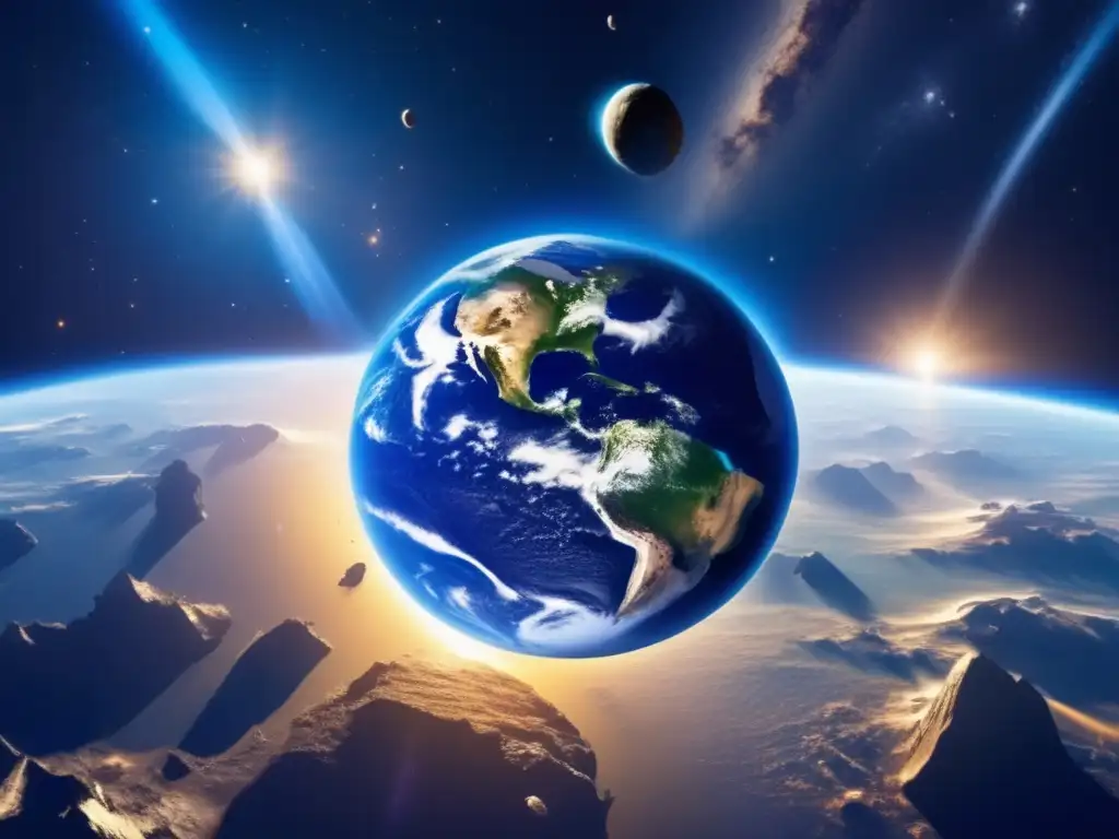 Vista impactante Tierra desde el espacio, con órbitas asteroides cercanos