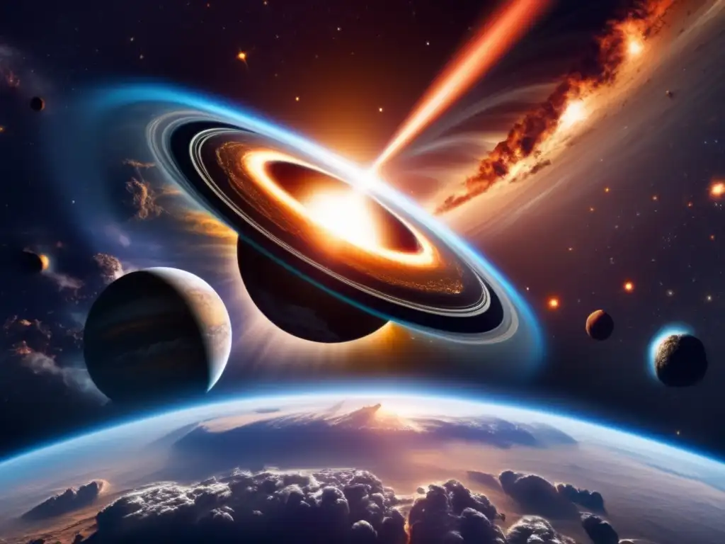 Vista impactante de la Tierra desde el espacio, con asteroides y el Cinturón de Asteroides en la Historia