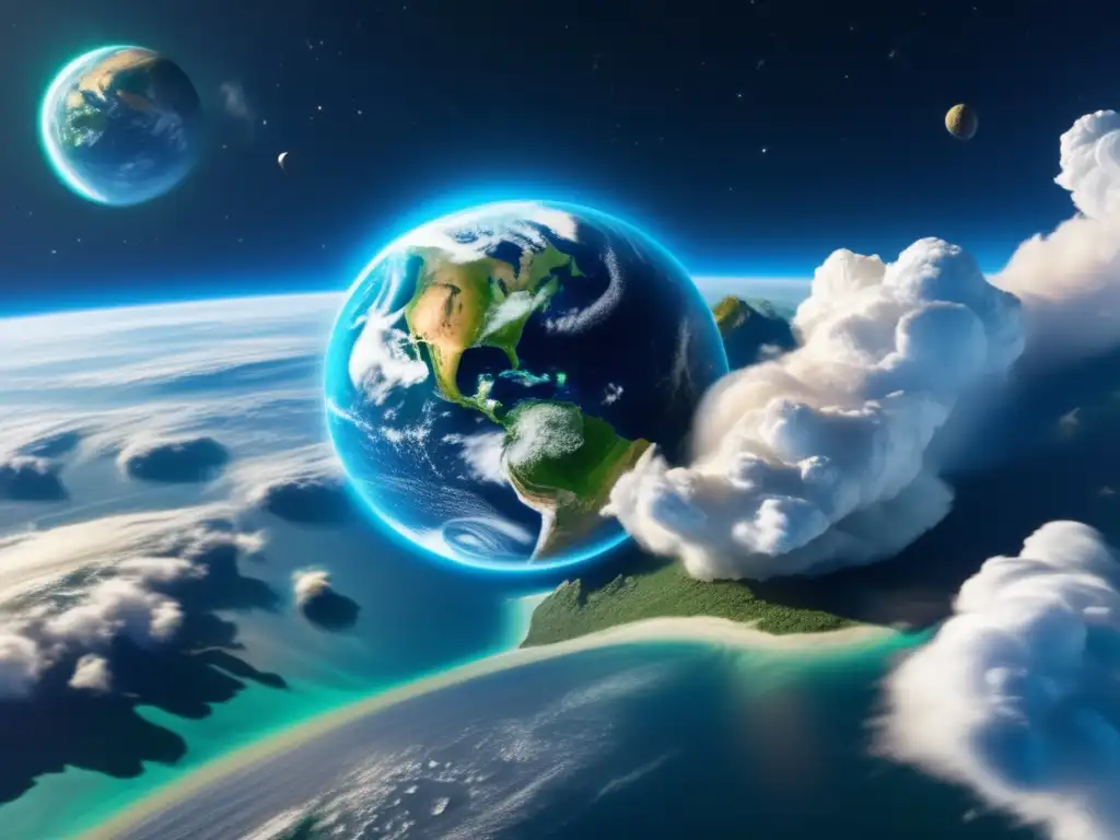 Vista impactante de la Tierra desde el espacio, destacando sus océanos azules, nubes blancas y continentes verdes