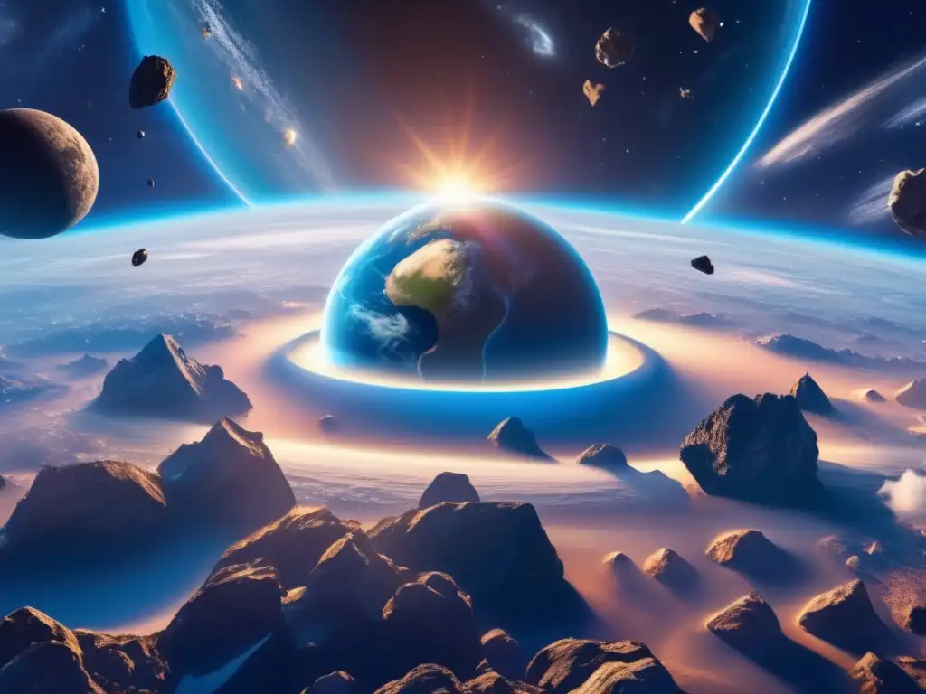 Vista impactante de la Tierra rodeada de asteroides