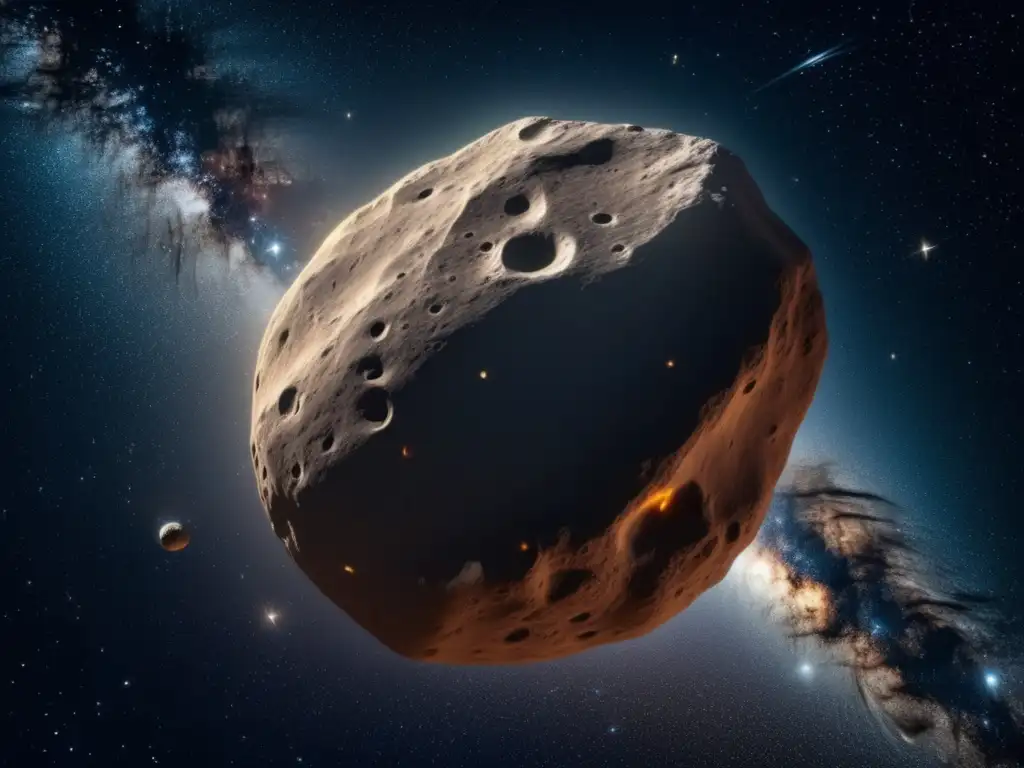 Vista impresionante asteroide Centaur en espacio estelar - Efecto Yarkovsky en trayectoria asteroides