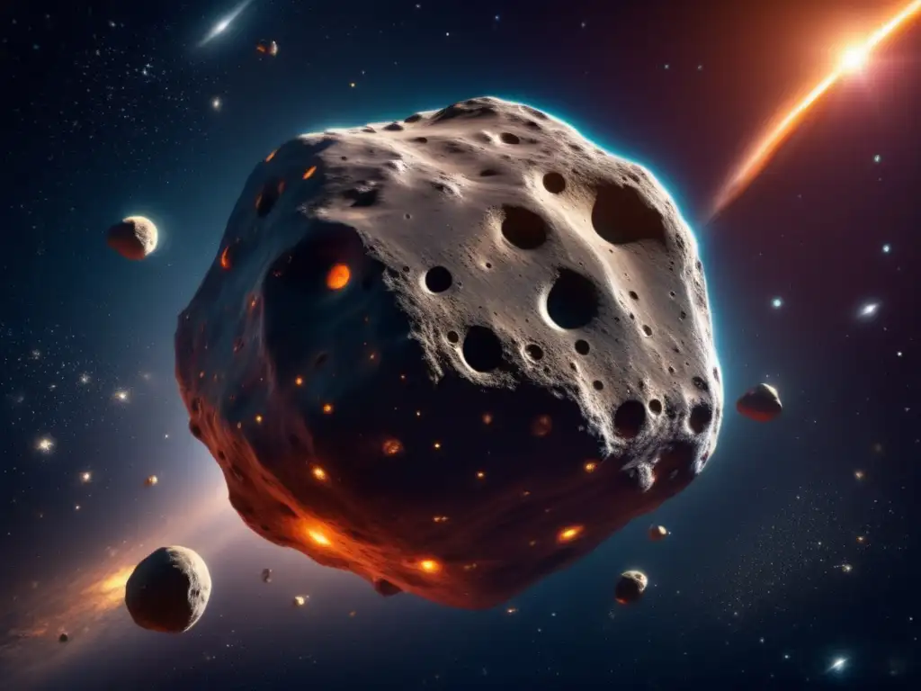 Vista impresionante de asteroide con cráteres y recursos ocultos, rodeado de universo brillante