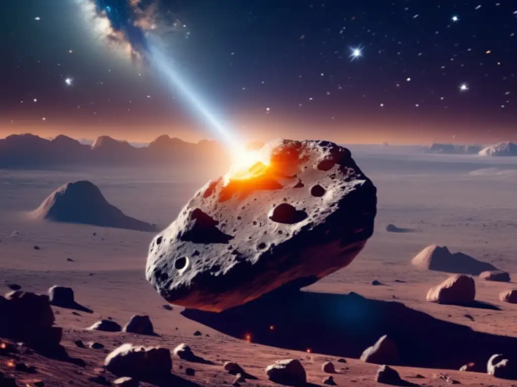Vista impresionante de un asteroide en el espacio rodeado de estrellas, reflejando su peligrosidad y misterio
