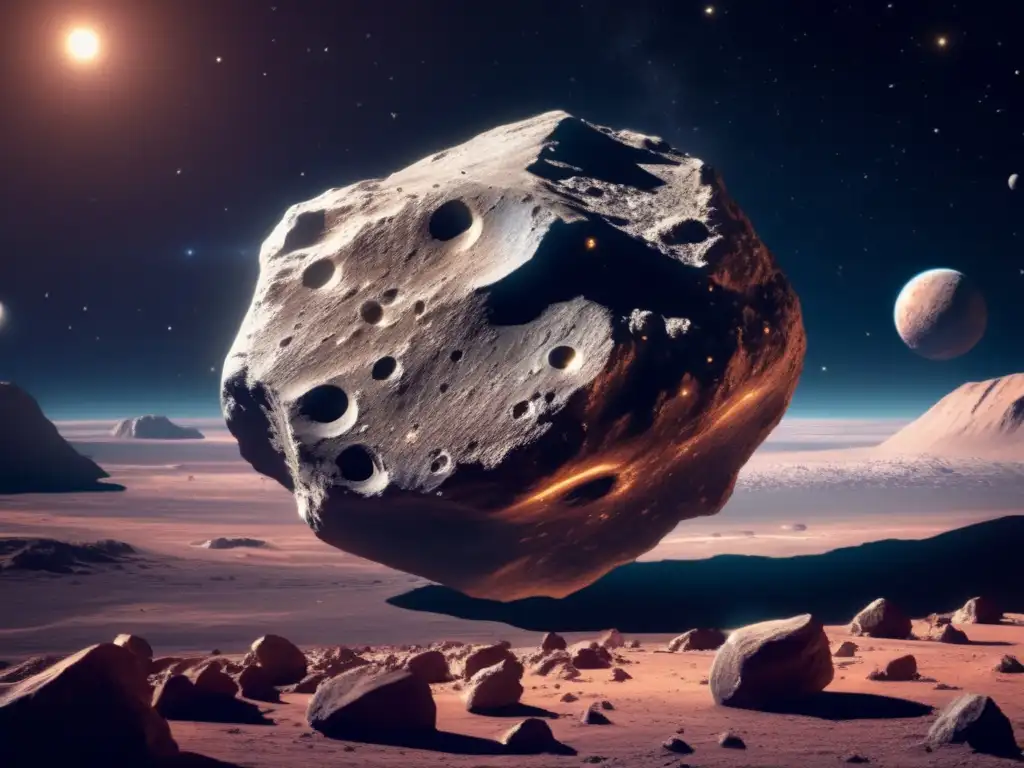 Vista impresionante de asteroide en el espacio, con superficie rocosa llena de minerales y recursos