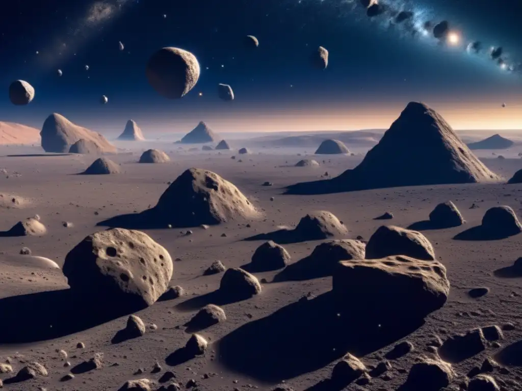 Vista impresionante de asteroides con detalles intrincados y un cuerpo celestial metálico