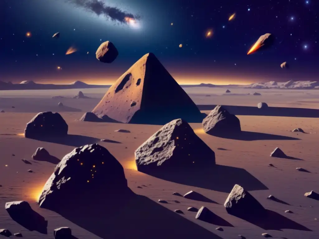Vista impresionante de asteroides en el espacio, con distintos tamaños, formas y colores