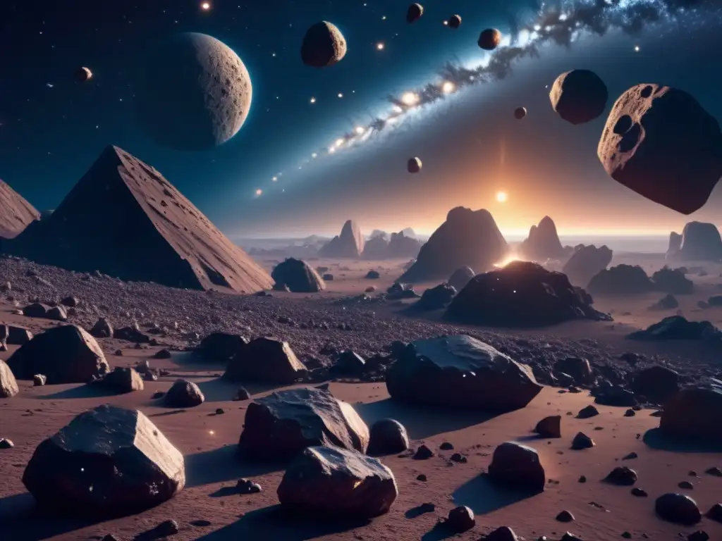 Vista impresionante de campo de asteroides metálicos con patrones y texturas únicos