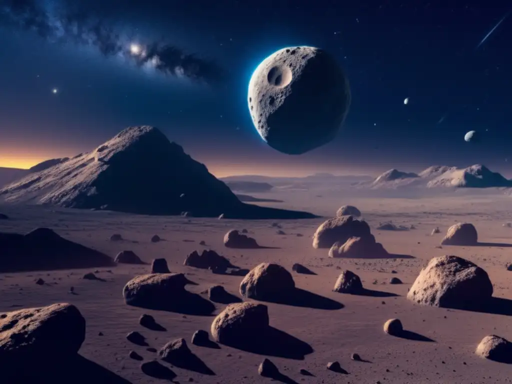 Vista impresionante de campo de asteroides en el espacio, con exploración de vida en asteroides