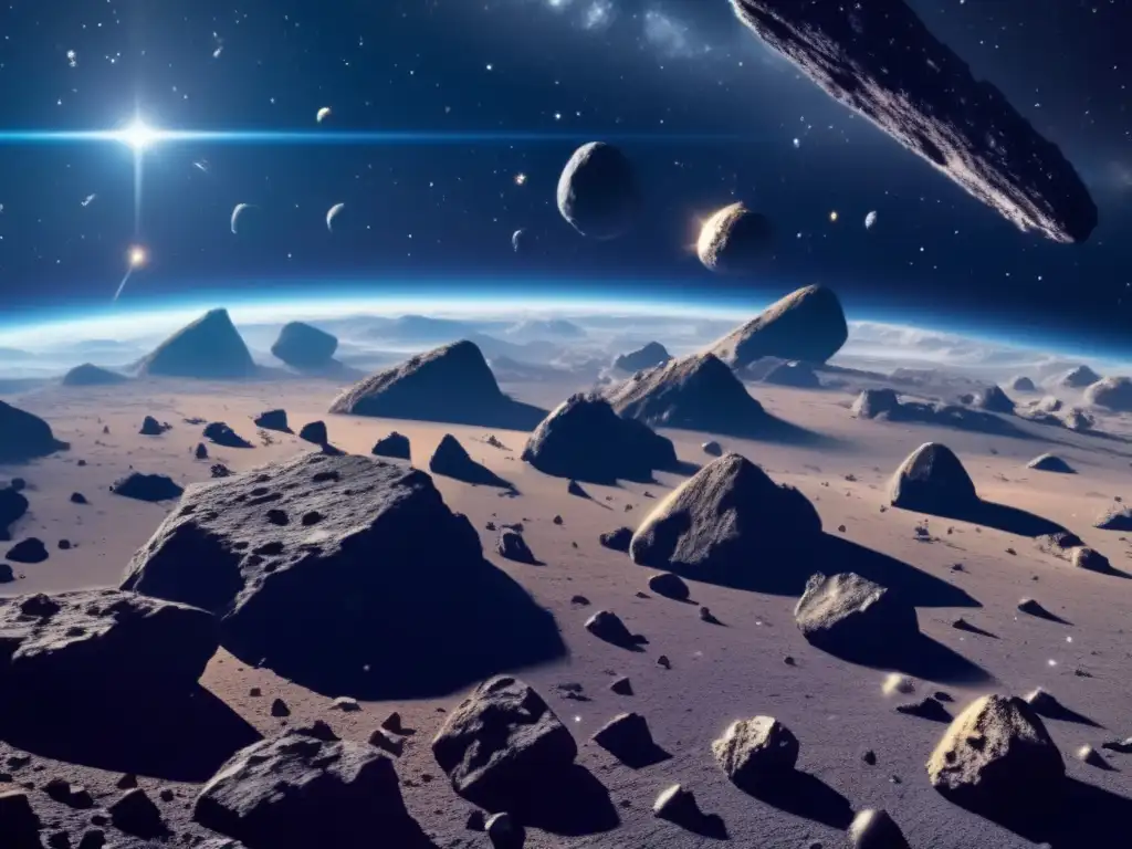 Vista impresionante de un campo de asteroides en el espacio: exploración y explotación de asteroides
