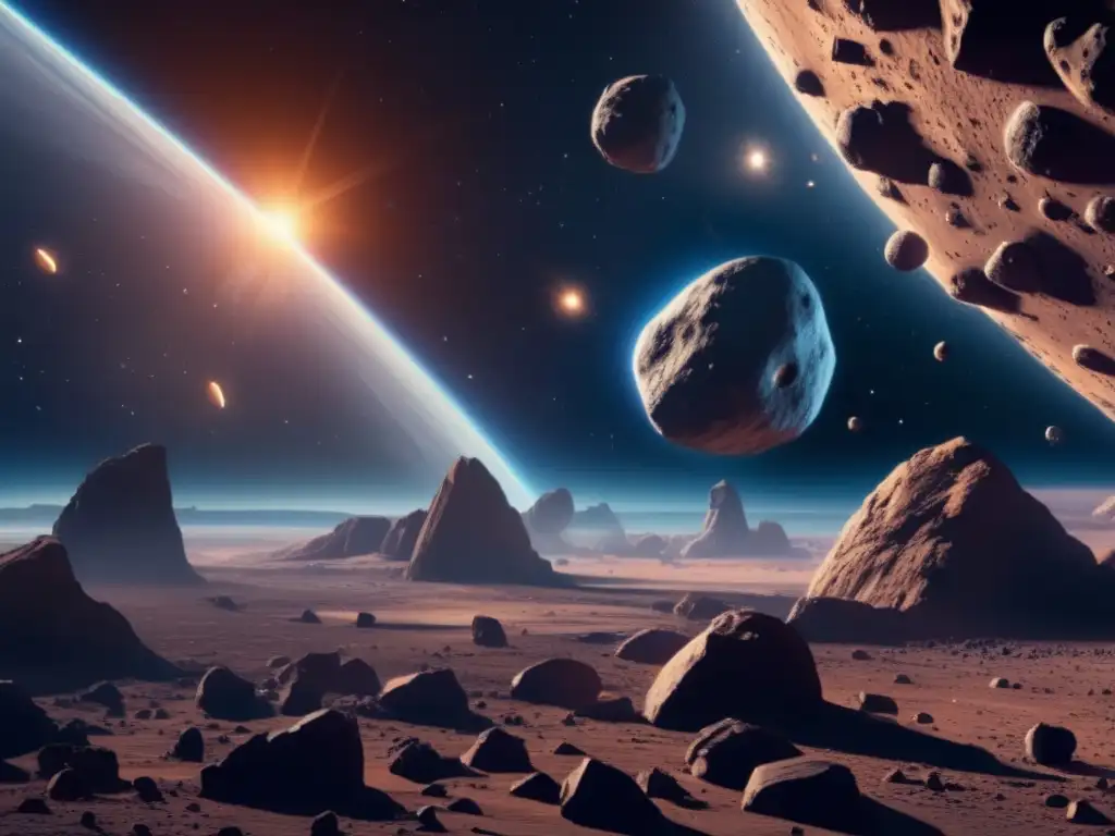 Vista impresionante de campo de asteroides en el espacio, exploración espacial: ética y colonización