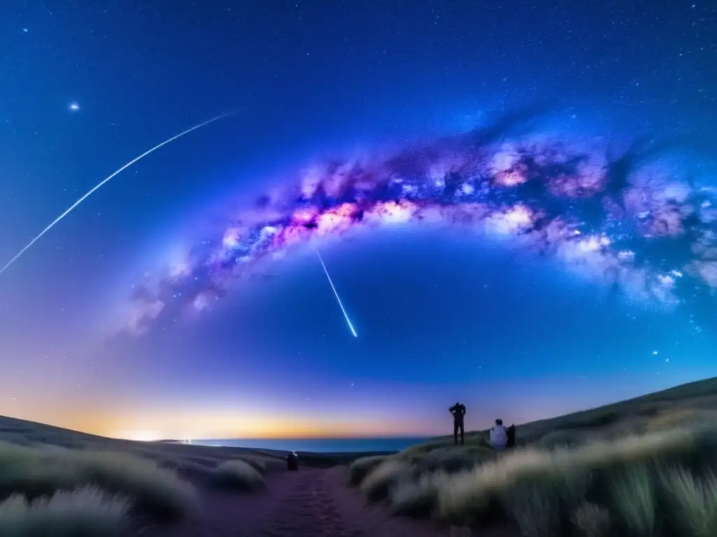 Vista impresionante del cielo estrellado con astrónomos observando, simbolizando la importancia de la explotación de asteroides