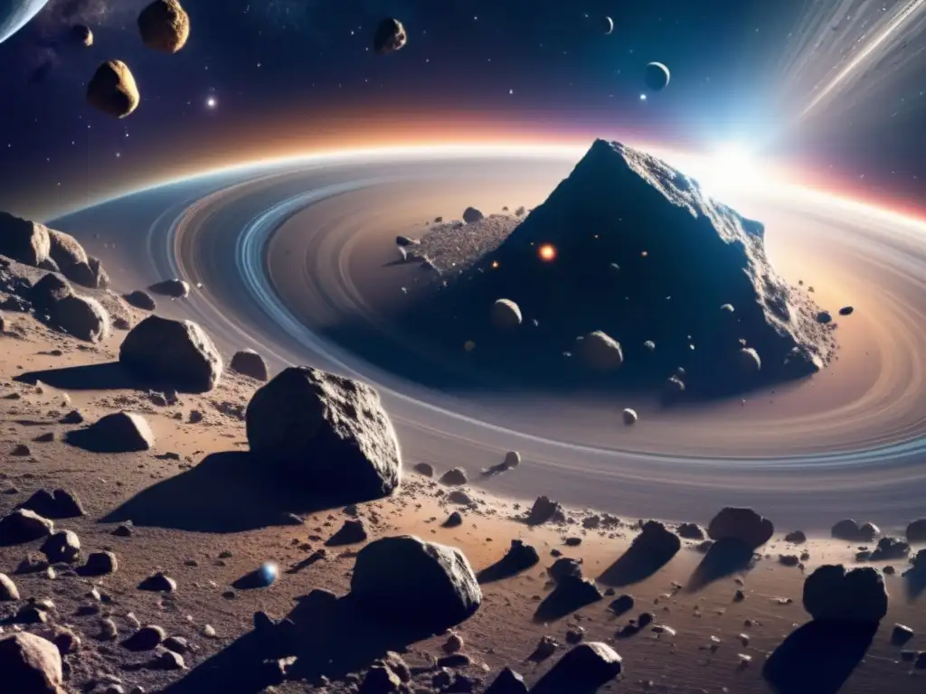 Vista impresionante del cinturón de asteroides, formación de planetas con asteroides