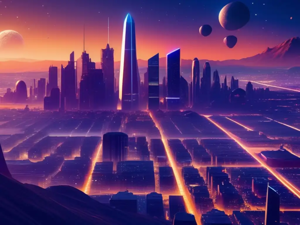 Vista impresionante de ciudad futurista rodeada de asteroides en el espacio - Representación asteroides ciencia ficción clásica