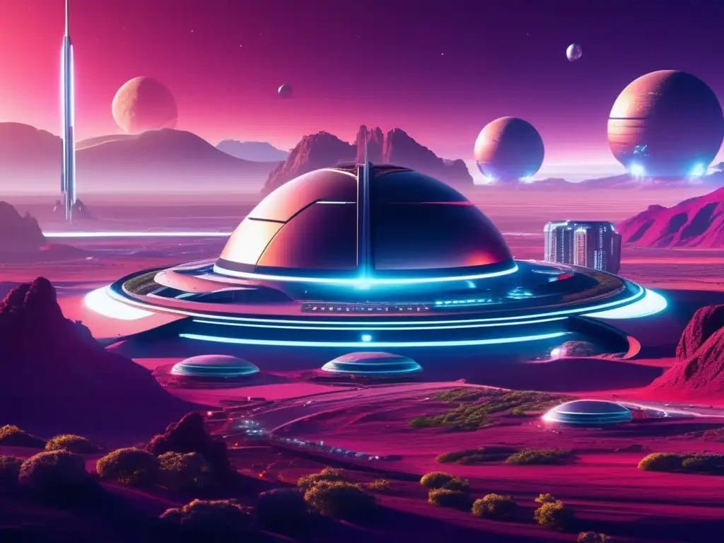 Vista impresionante de colonia espacial futurista en planeta lejano