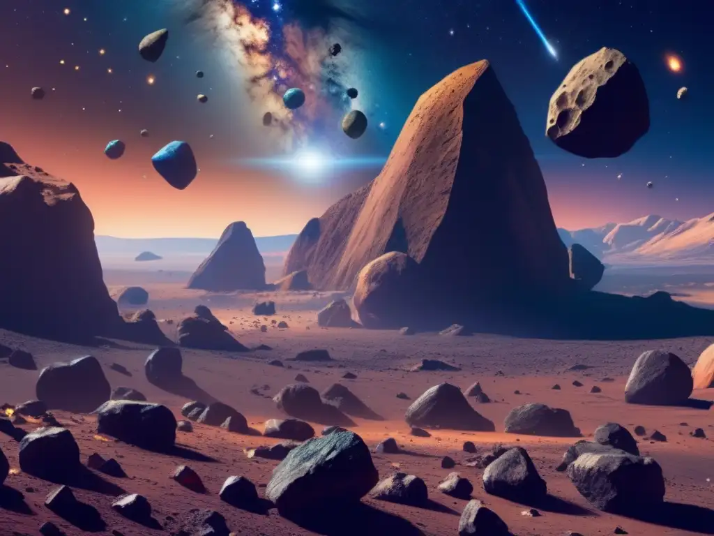 Vista impresionante del espacio con asteroides, sustentabilidad y ética en la explotación de asteroides