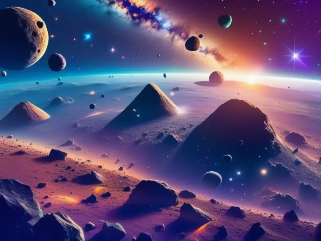 Vista impresionante del espacio con asteroides en distintas formas y colores