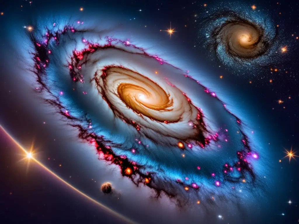 Vista impresionante del espacio: nebulosa colorida, estrella brillante, galaxia espiral majestuosa y galaxias distantes