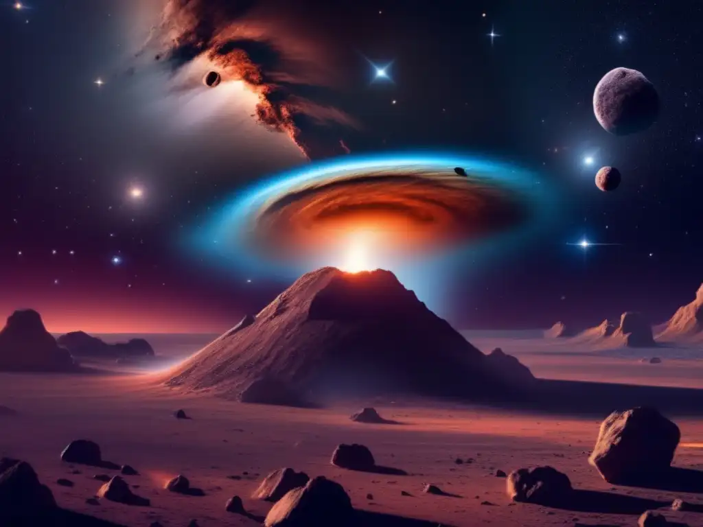Vista impresionante del espacio con nebulosa, asteroide y meteorito