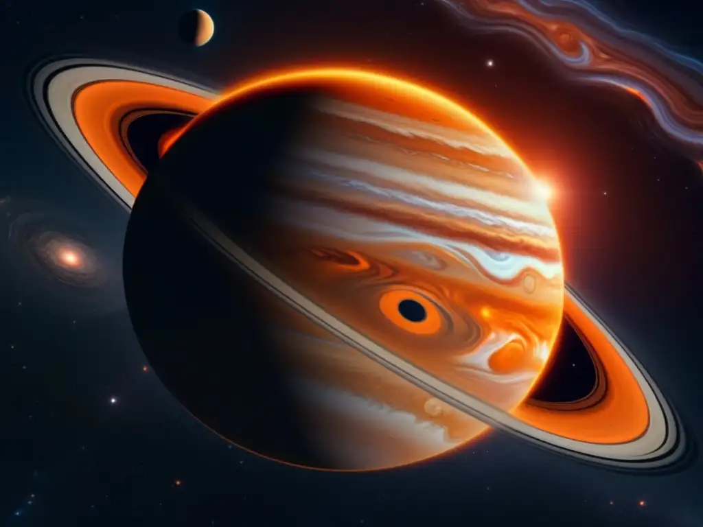 Vista impresionante del sistema joviano desde lejos, con Júpiter en el centro y asteroides cisjovianos
