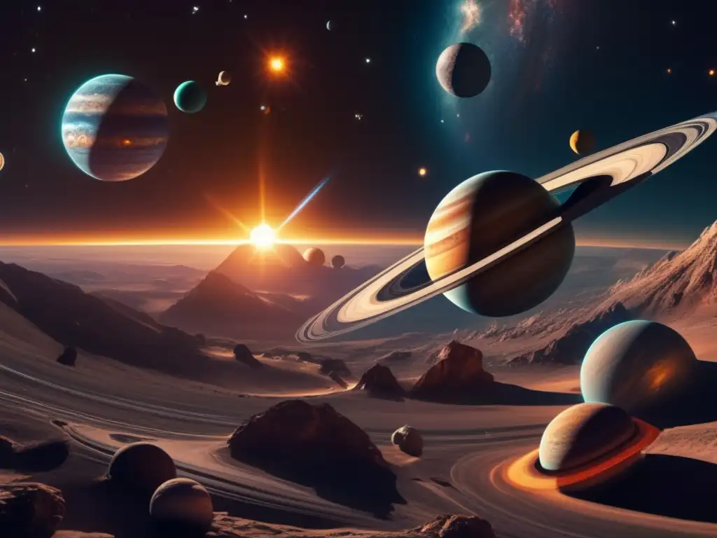 Vista impresionante del sistema solar: planetas, asteroides troyanos y órbitas planetarias