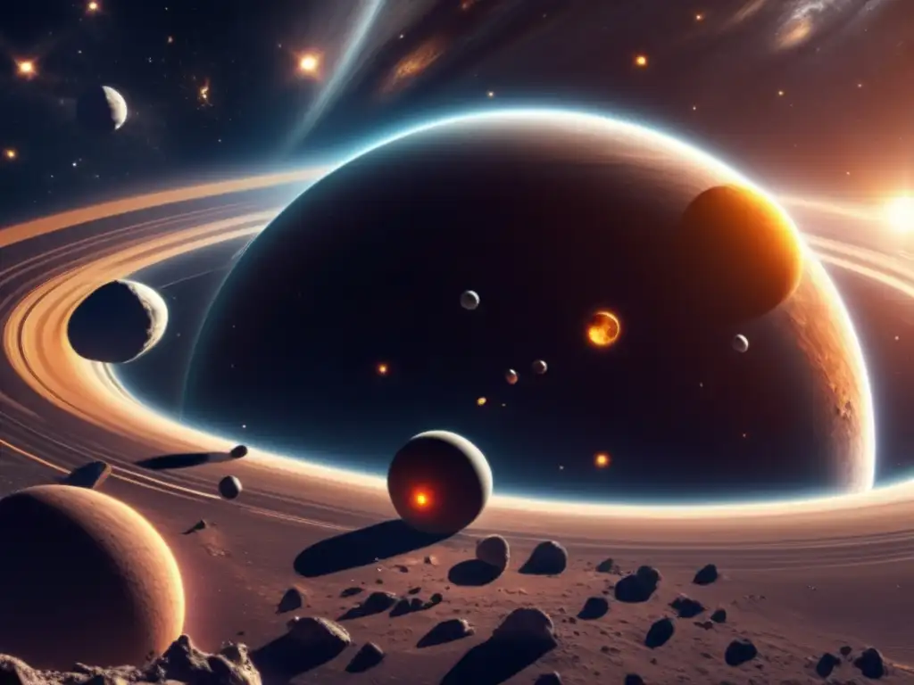 Vista impresionante del sistema solar con asteroides en un danza celestial