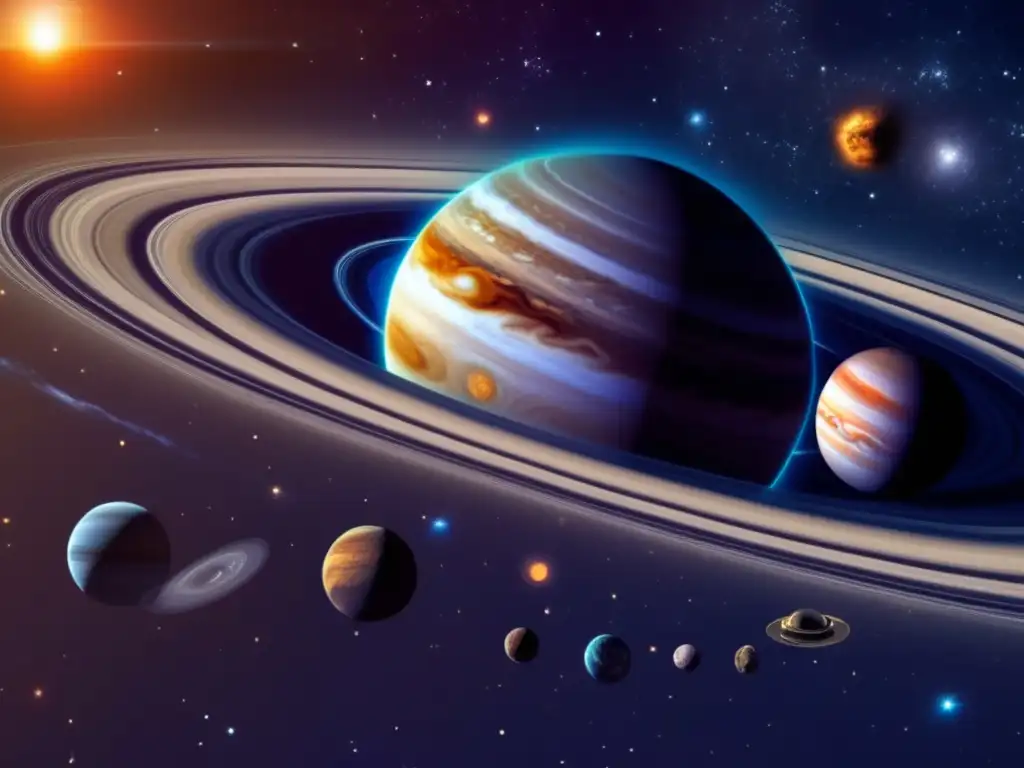 Vista impresionante sistema solar, asteroides Troyanos, Júpiter, mitología espacial -