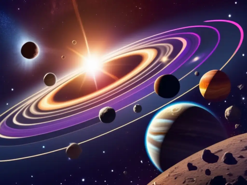 Vista impresionante del sistema solar con asteroides y otras interacciones celestiales