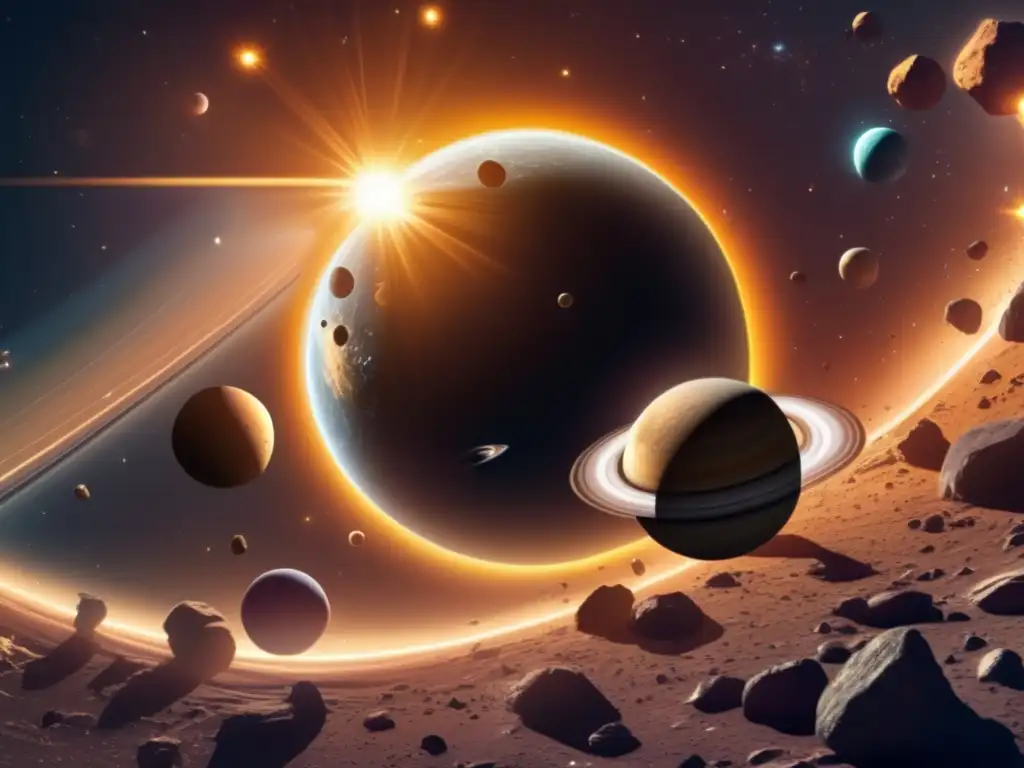 Vista impresionante del sistema solar con el Sol radiante en el centro y asteroides orbitando