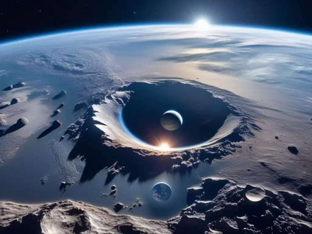 Vista impresionante de la Tierra desde el espacio con la luna y un asteroide en ruta - Exploración de asteroides lunares