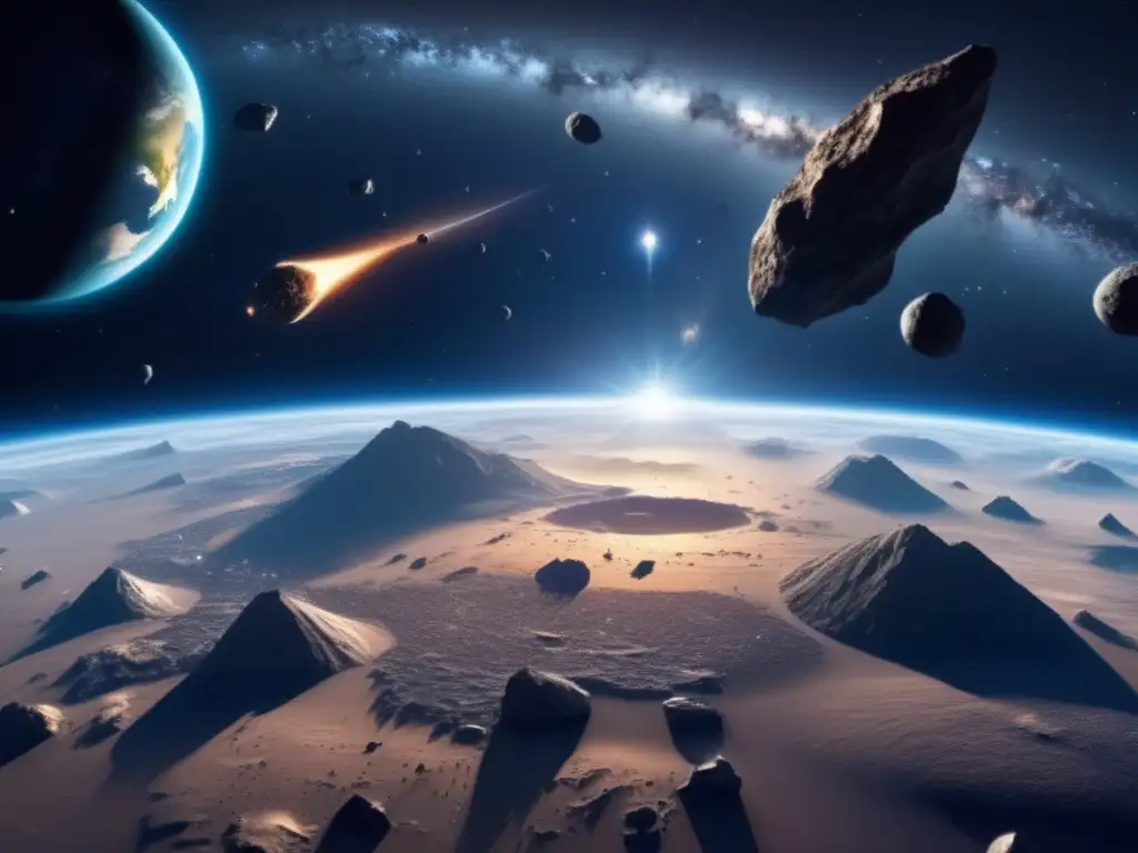 Vista impresionante de la Tierra desde el espacio, con asteroides en el fondo cósmico