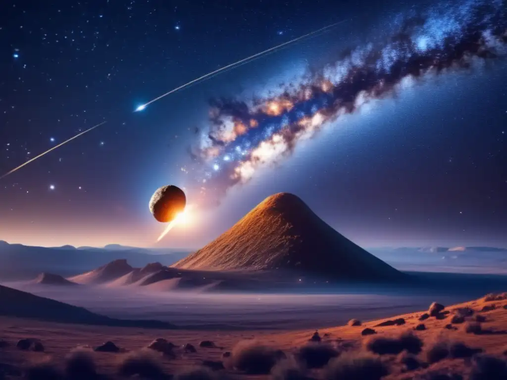 Vista nocturna impresionante con asteroides y galaxias: Riesgo impactos asteroides resonancias orbitales