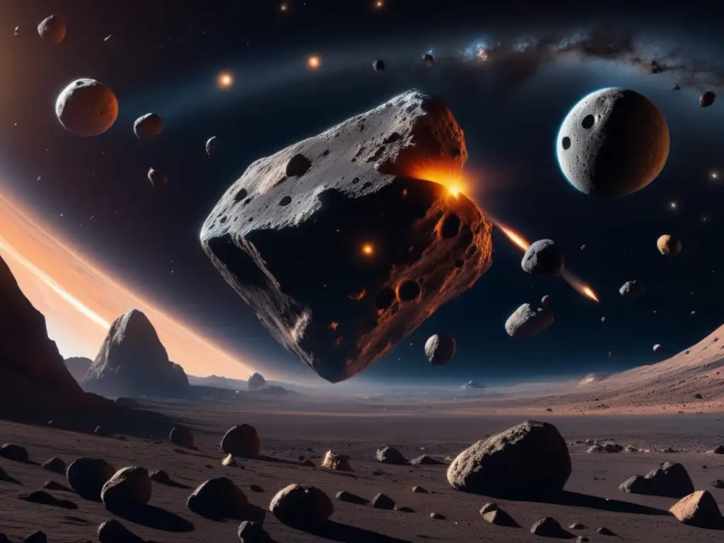 Vista panorámica de asteroides en 8k: Minería espacial, recursos asteroides