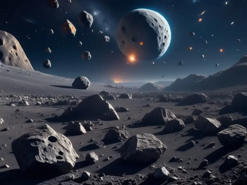 Vista panorámica de un campo de asteroides en el espacio, con diversos tipos y colores, resaltando la exploración y explotación de asteroides
