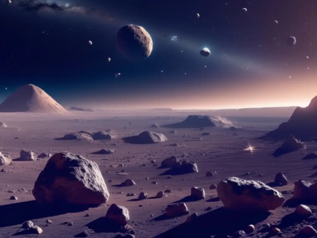 Vista panorámica campo de asteroides desolado en el espacio, iluminado por estrellas distantes