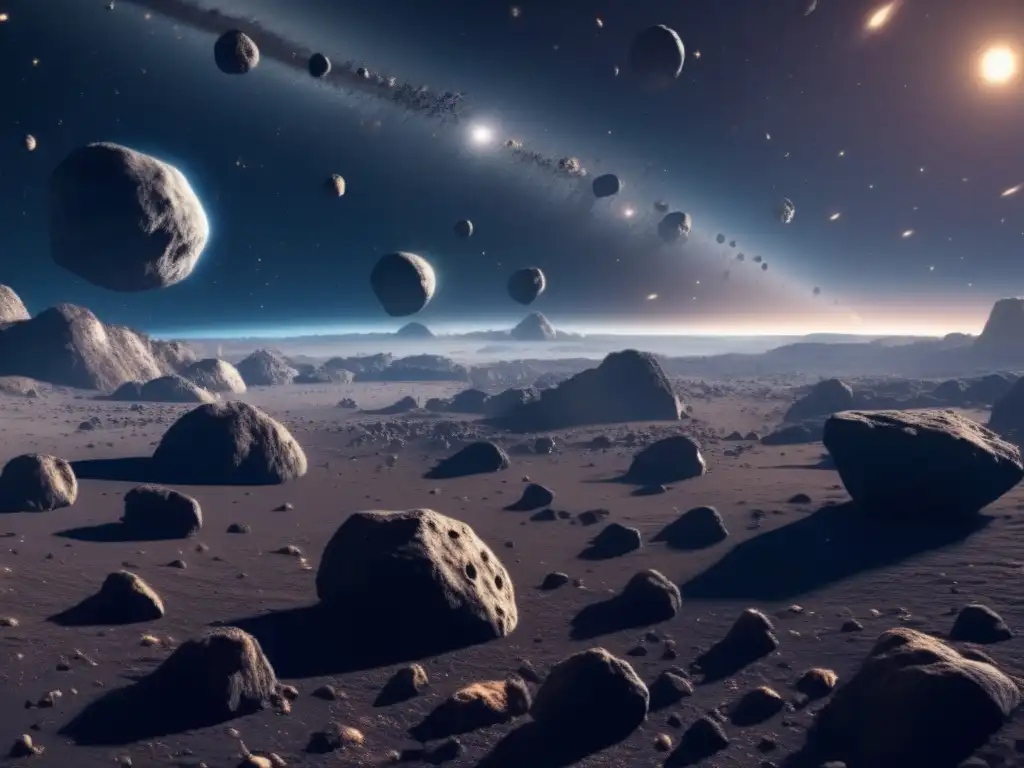 Vista panorámica de un campo de asteroides en el espacio profundo: Exploración y explotación de asteroides
