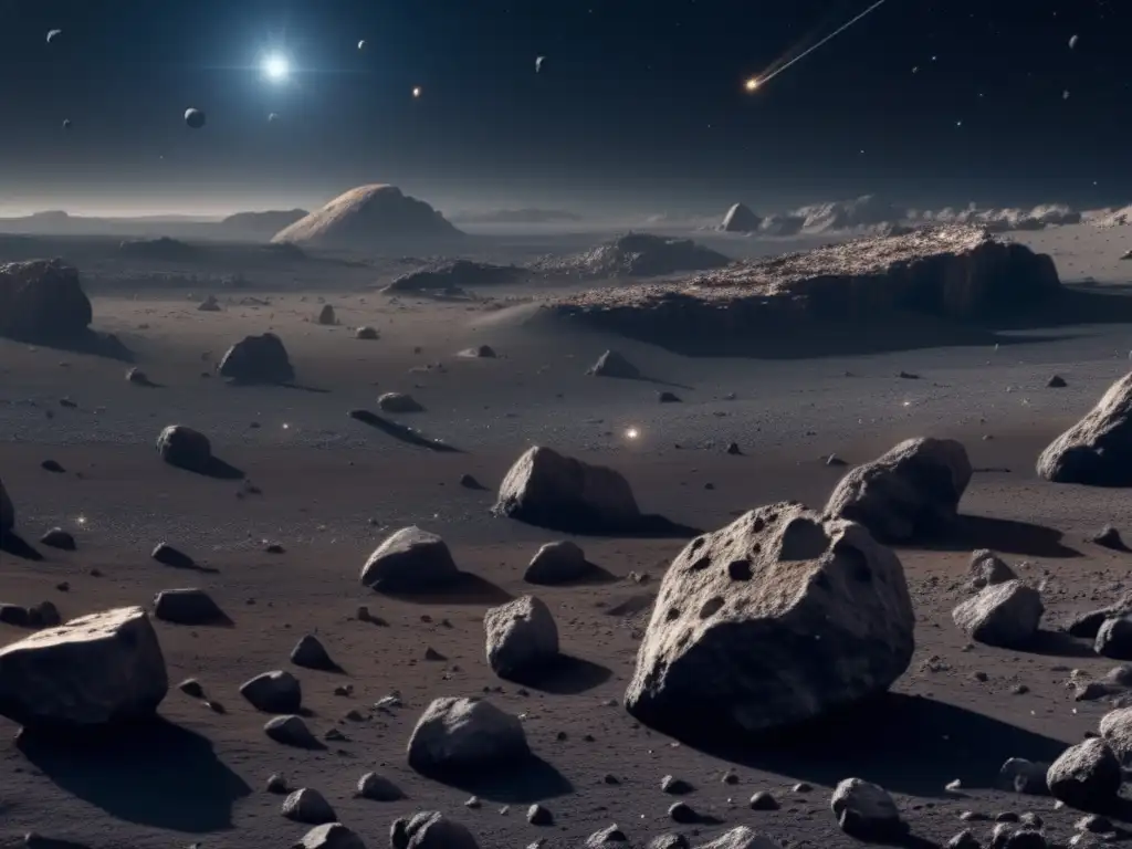 Vista panorámica de campo de asteroides en 8k con nave minera, resaltando la belleza y potencial de la minería de asteroides