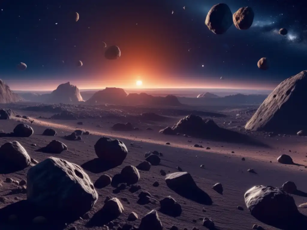 Vista panorámica de un campo de asteroides en el espacio, con una imagen en 8k detallada