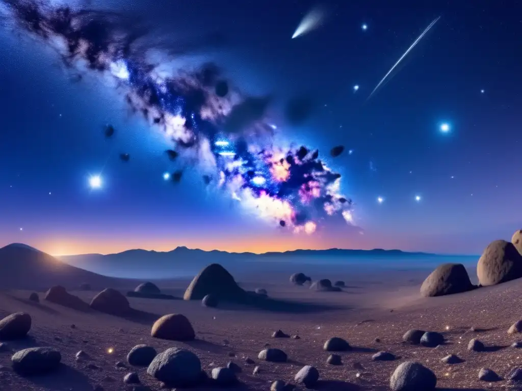 Vista panorámica del cielo nocturno con asteroides brillantes: Gobernanza global recursos asteroides