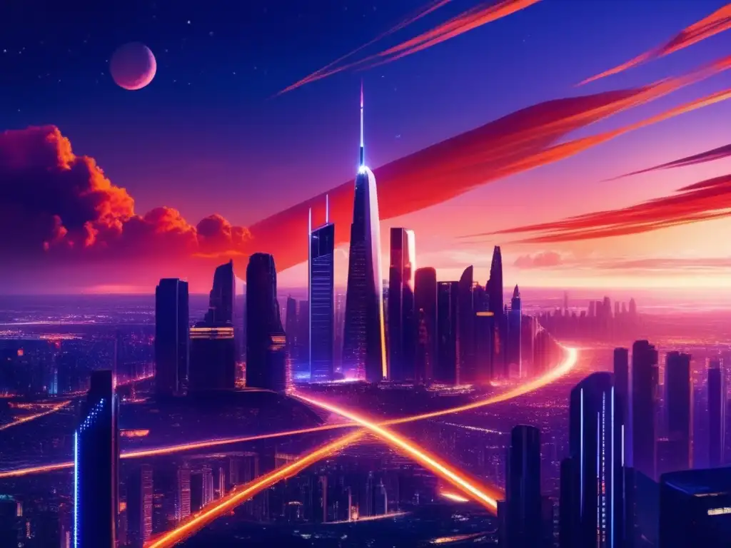 Vista panorámica de una ciudad bulliciosa al anochecer, con rascacielos imponentes y arquitectura futurista que se eleva hacia las estrellas