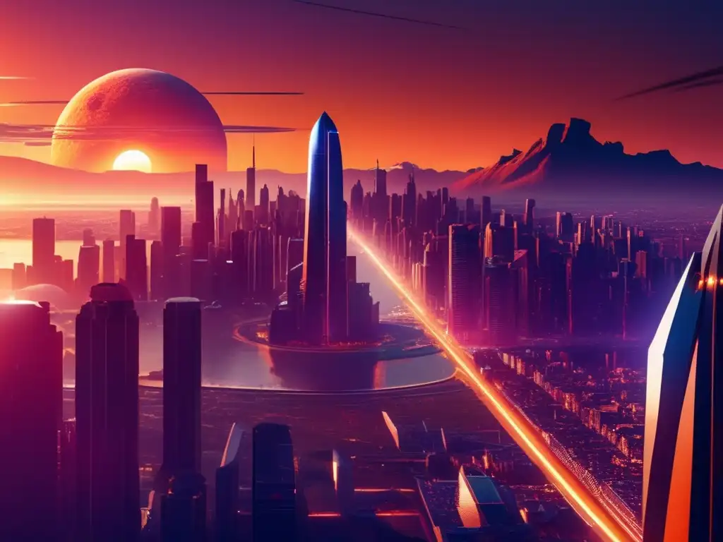 Vista panorámica de una ciudad futurista, con rascacielos imponentes, bañada en la cálida luz del atardecer