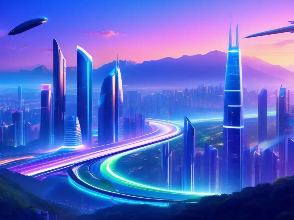 Vista panorámica de una ciudad futurista al atardecer con montañas verdes y rascacielos