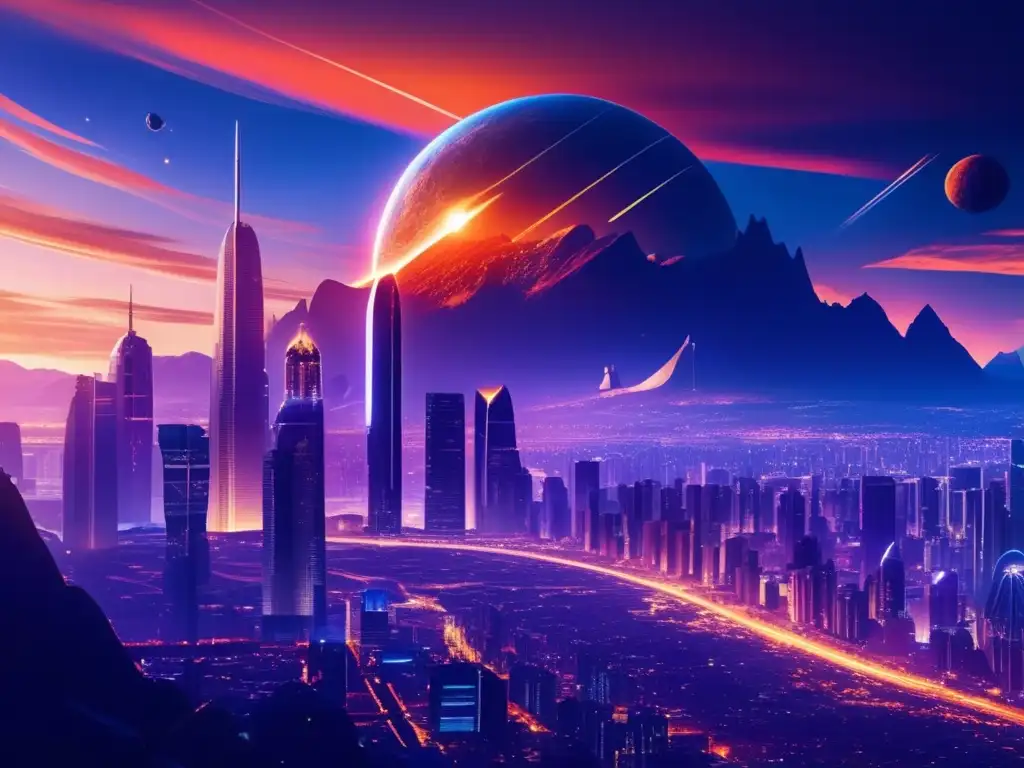 Vista panorámica de una ciudad en crepúsculo con montañas, rascacielos futuristas y un asteroide amenazante