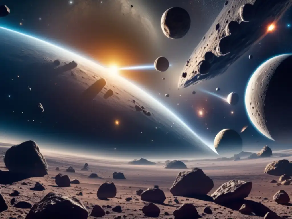 Vista panorámica del espacio exterior con cinturón de asteroides y planeta