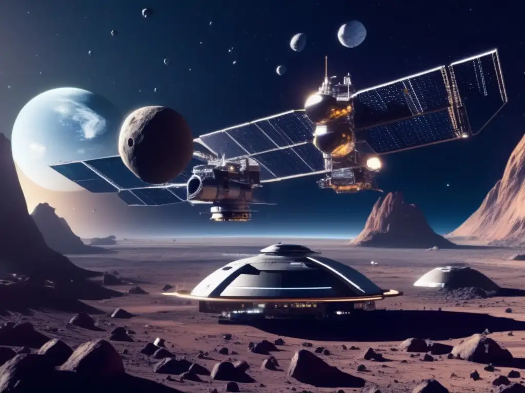 Vista panorámica de una futurista estación espacial tecnológicamente avanzada cerca de un campo de asteroides