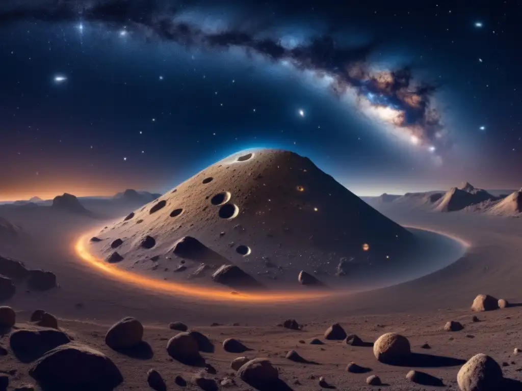 Vista panorámica nocturna con asteroide detallado: Exploración y aprovechamiento de asteroides